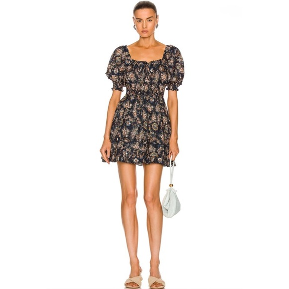 ULLA JOHNSON Juniper Mini Dress Women 12 Navy Floral Puff Sleeve Boho Party